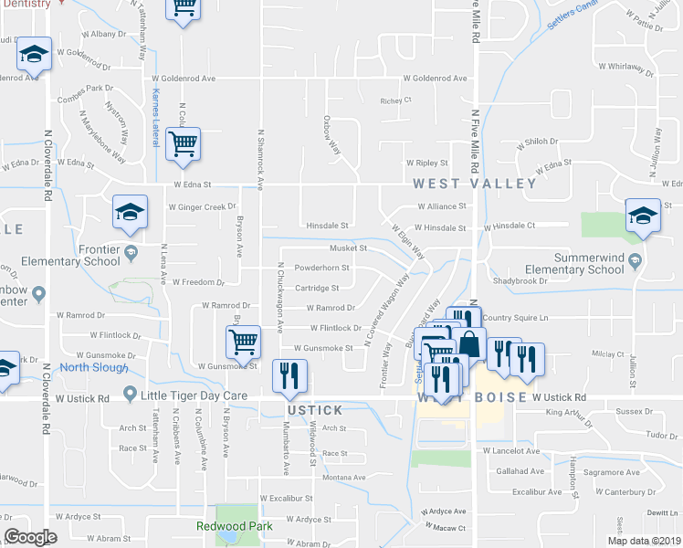 map of restaurants, bars, coffee shops, grocery stores, and more near 11107 Powderhorn Street in Boise