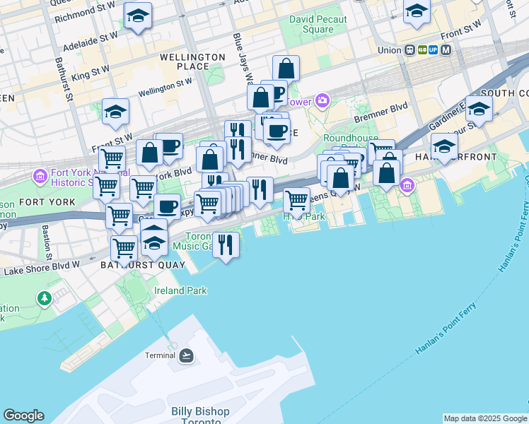 map of restaurants, bars, coffee shops, grocery stores, and more near in Toronto