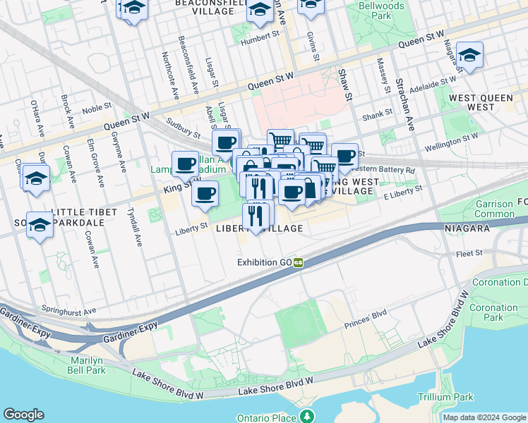 map of restaurants, bars, coffee shops, grocery stores, and more near in Toronto