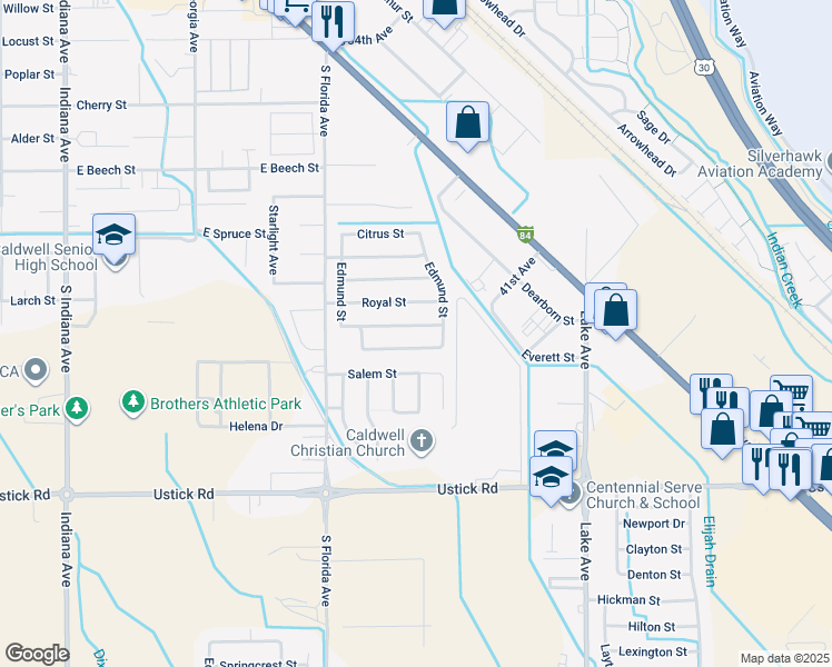 map of restaurants, bars, coffee shops, grocery stores, and more near 3120 Village Green Street in Caldwell