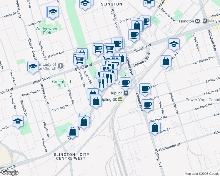 map of restaurants, bars, coffee shops, grocery stores, and more near 5251 Dundas Street West in Toronto