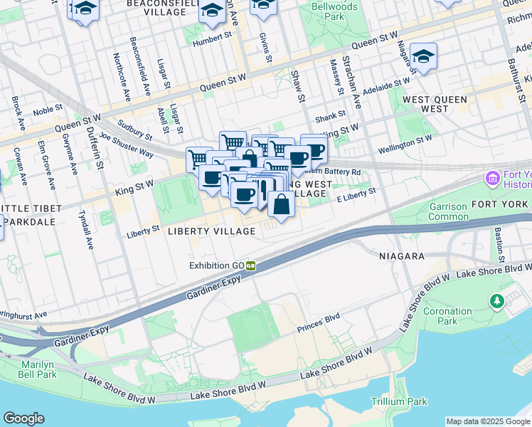 map of restaurants, bars, coffee shops, grocery stores, and more near 171 East Liberty Street in Toronto