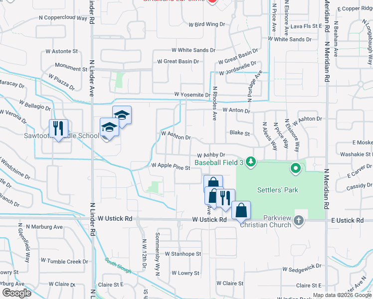 map of restaurants, bars, coffee shops, grocery stores, and more near 3650 North Warm Creek Avenue in Meridian