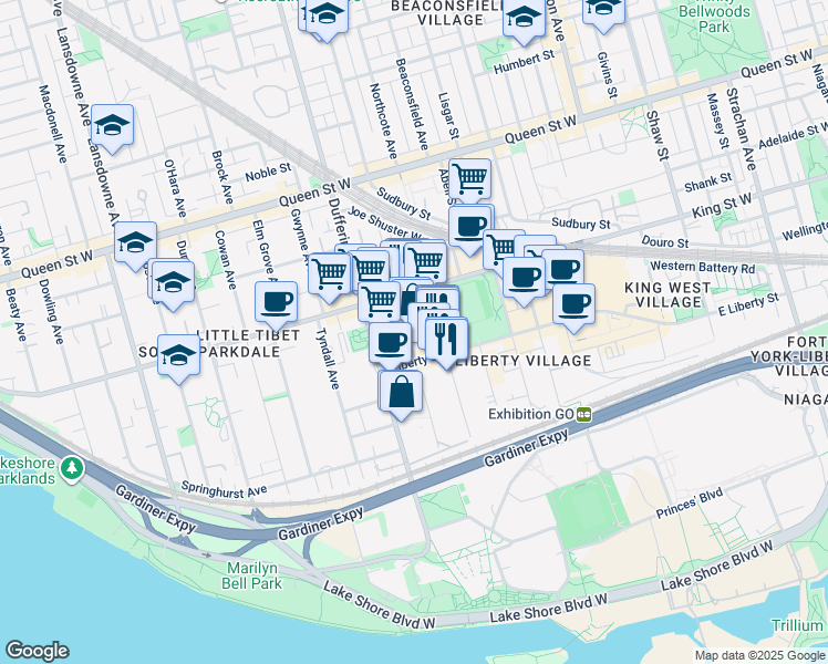 map of restaurants, bars, coffee shops, grocery stores, and more near 70 Fraser Avenue in Toronto