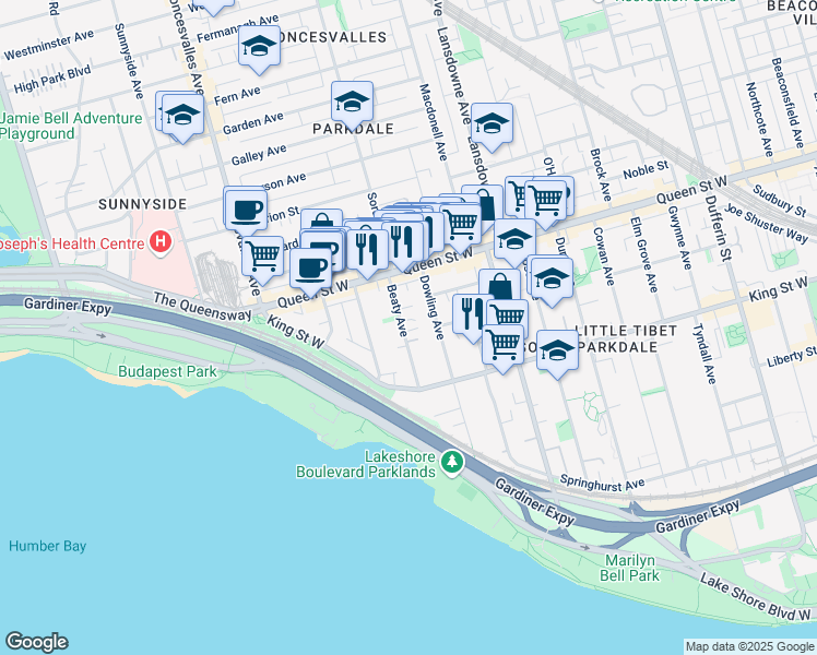 map of restaurants, bars, coffee shops, grocery stores, and more near 57 Beaty Avenue in Toronto