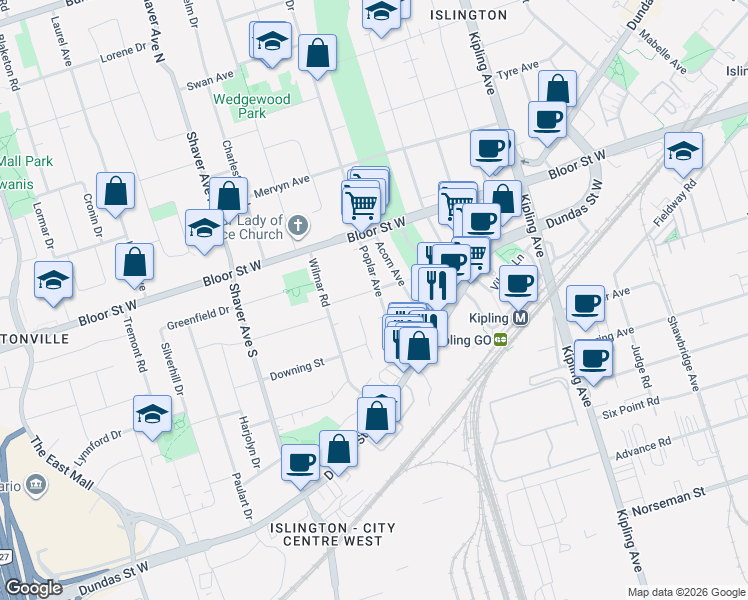map of restaurants, bars, coffee shops, grocery stores, and more near 34 Poplar Avenue in Toronto