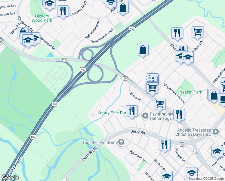 map of restaurants, bars, coffee shops, grocery stores, and more near 7360 Zinnia Place in Mississauga
