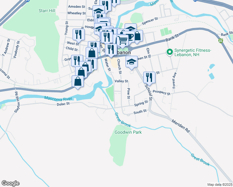map of restaurants, bars, coffee shops, grocery stores, and more near 58 Church Street in Lebanon