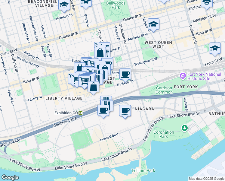 map of restaurants, bars, coffee shops, grocery stores, and more near in Toronto