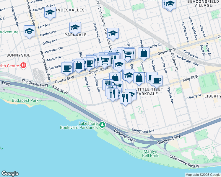map of restaurants, bars, coffee shops, grocery stores, and more near in Toronto