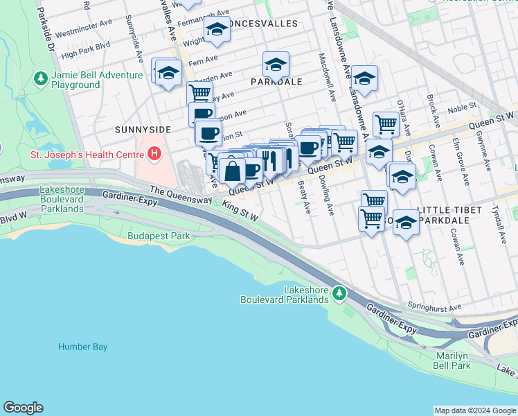map of restaurants, bars, coffee shops, grocery stores, and more near in Toronto