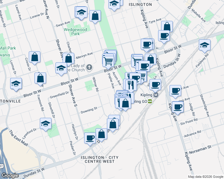 map of restaurants, bars, coffee shops, grocery stores, and more near 19 Montesson Street in Toronto