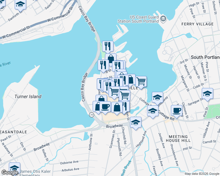map of restaurants, bars, coffee shops, grocery stores, and more near 70 D Street in South Portland