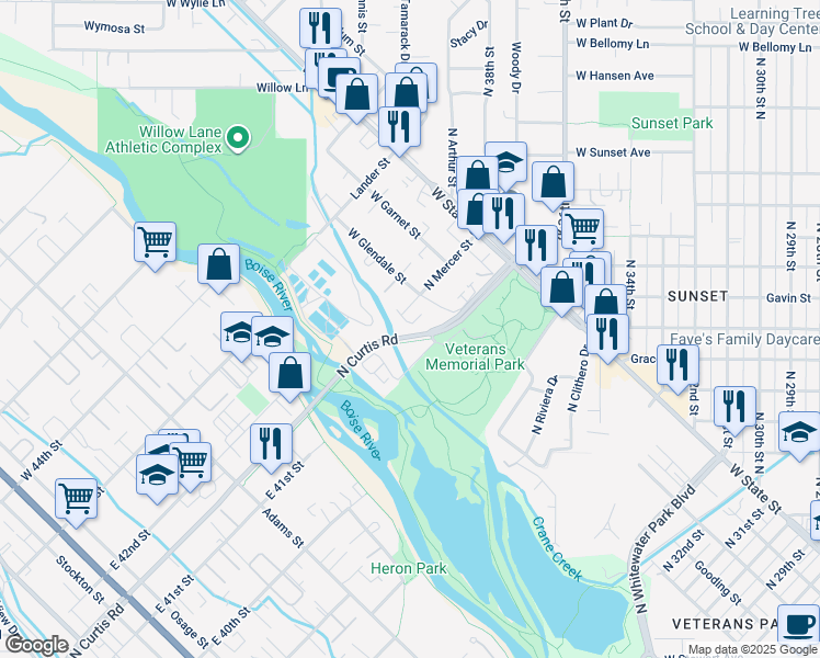 map of restaurants, bars, coffee shops, grocery stores, and more near 854 North Mercer Street in Boise