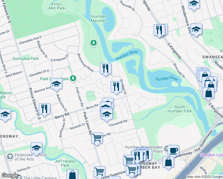 map of restaurants, bars, coffee shops, grocery stores, and more near 25 Neighbourhood Lane in Toronto
