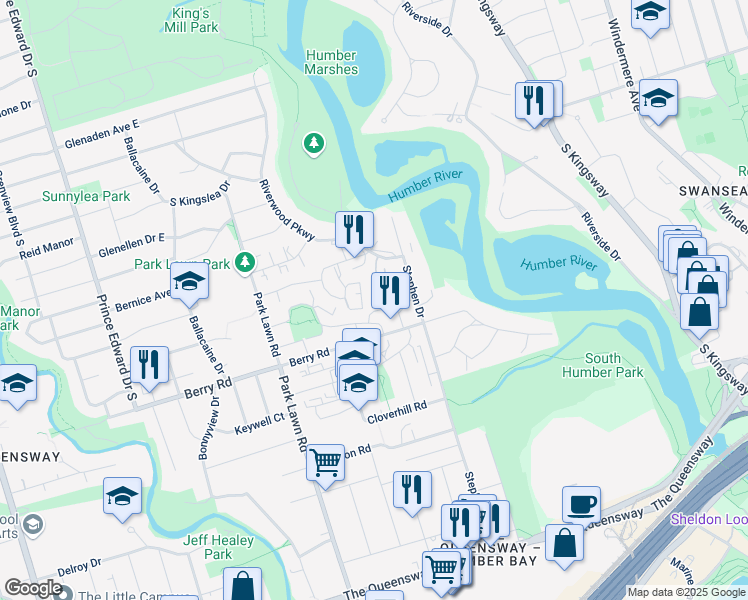 map of restaurants, bars, coffee shops, grocery stores, and more near 25 Neighbourhood Lane in Toronto