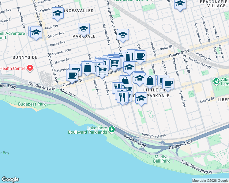map of restaurants, bars, coffee shops, grocery stores, and more near 32 Maynard Avenue in Toronto