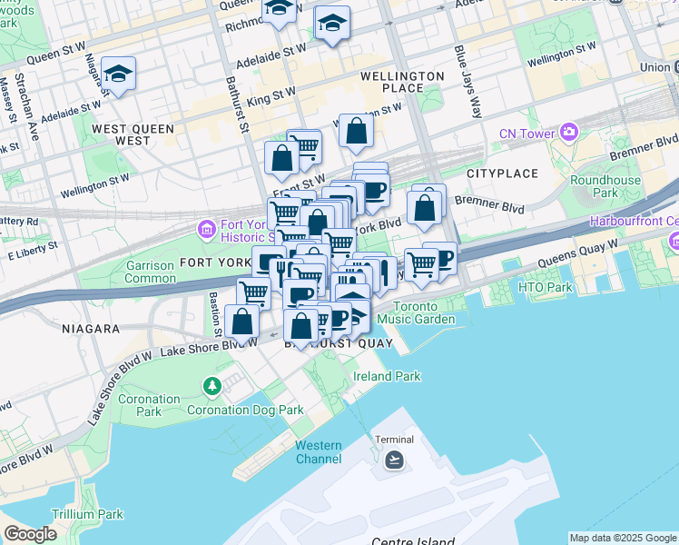 map of restaurants, bars, coffee shops, grocery stores, and more near Queen's Wharf Road in Toronto