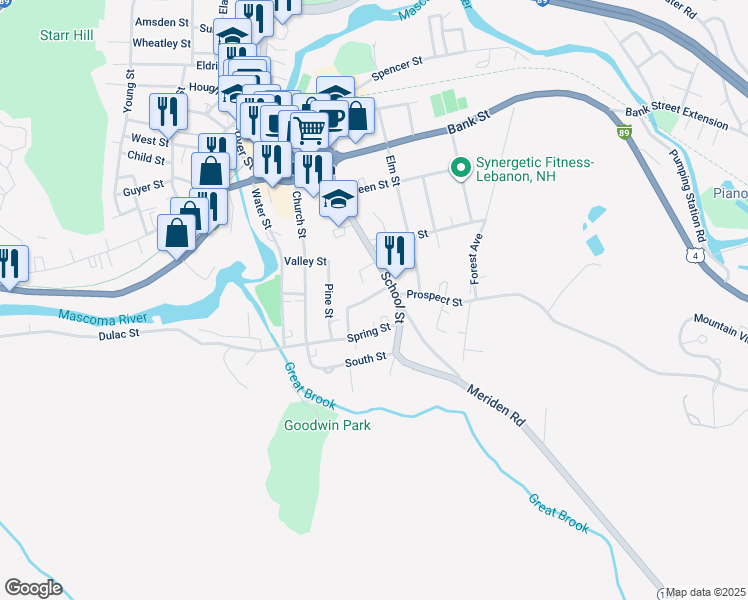 map of restaurants, bars, coffee shops, grocery stores, and more near 10 Abbott Street in Lebanon