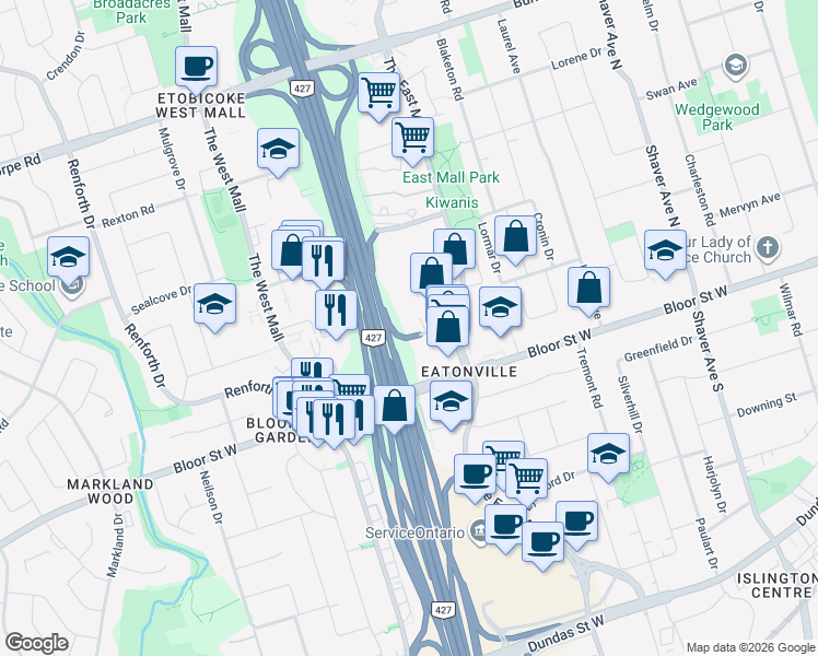 map of restaurants, bars, coffee shops, grocery stores, and more near 2 Gibbs Road in Toronto