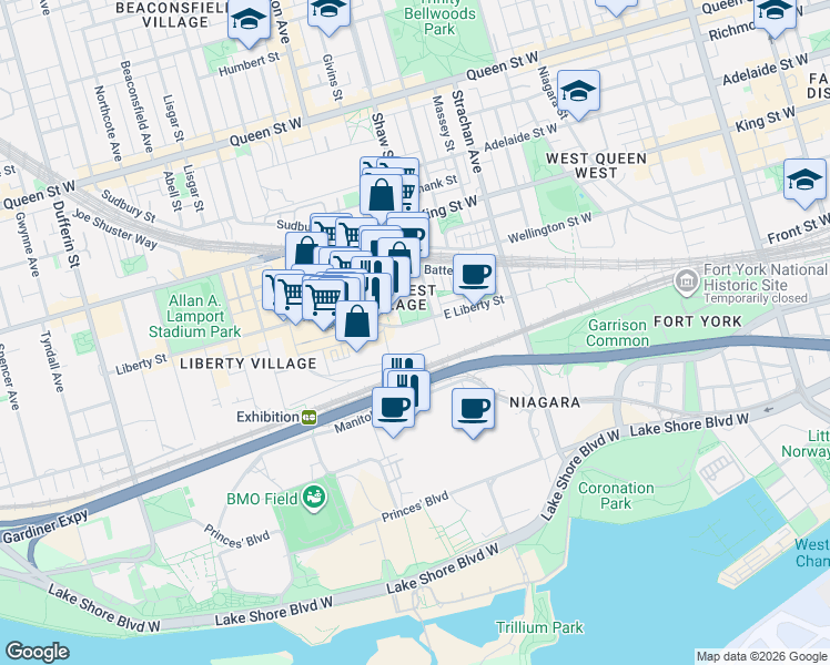 map of restaurants, bars, coffee shops, grocery stores, and more near 65 East Liberty Street in Toronto