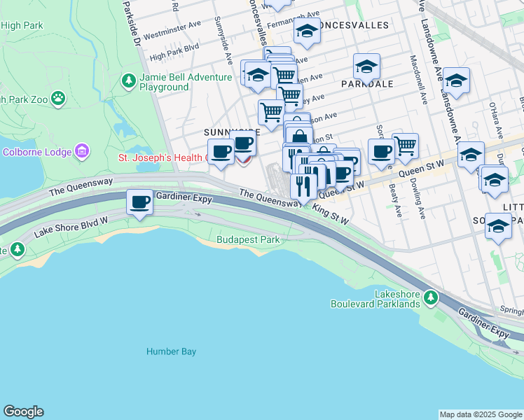 map of restaurants, bars, coffee shops, grocery stores, and more near Gardiner Expressway in Toronto
