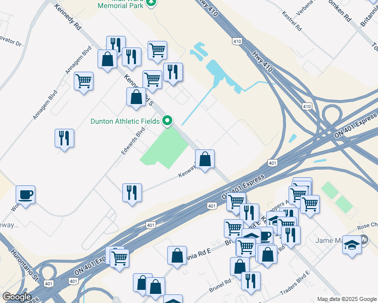 map of restaurants, bars, coffee shops, grocery stores, and more near 6150 Kennedy Road in Mississauga