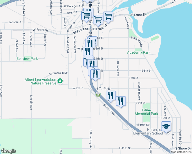 map of restaurants, bars, coffee shops, grocery stores, and more near 1205 South Newton Avenue in Albert Lea