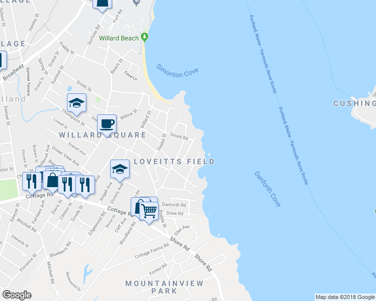 map of restaurants, bars, coffee shops, grocery stores, and more near Bay Road in South Portland