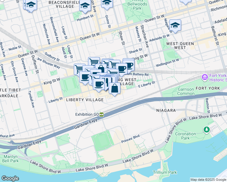 map of restaurants, bars, coffee shops, grocery stores, and more near 147 East Liberty Street in Toronto