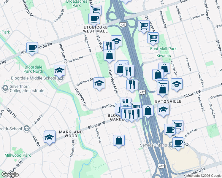 map of restaurants, bars, coffee shops, grocery stores, and more near 346 The West Mall in Toronto