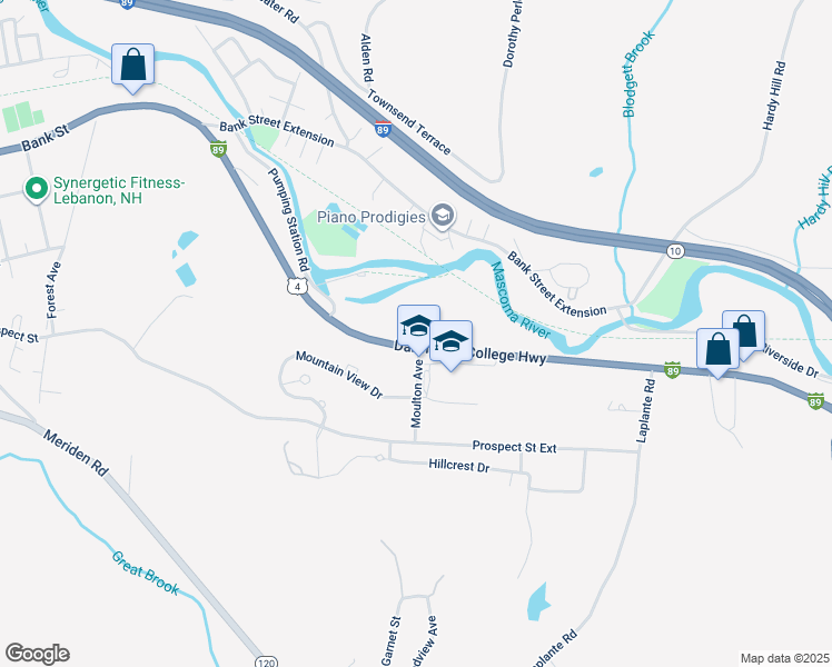 map of restaurants, bars, coffee shops, grocery stores, and more near 193 Dartmouth College Highway in Lebanon