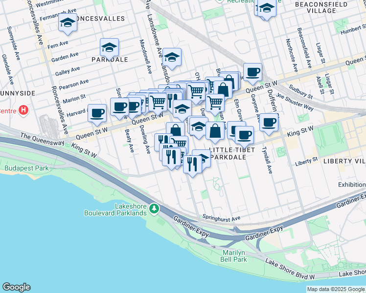 map of restaurants, bars, coffee shops, grocery stores, and more near in Toronto