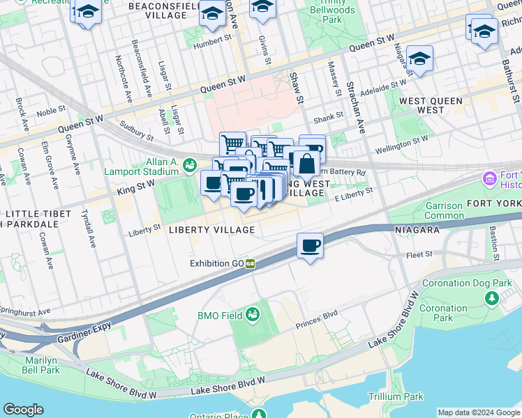 map of restaurants, bars, coffee shops, grocery stores, and more near 147 East Liberty Street in Toronto