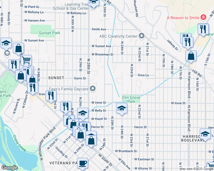 map of restaurants, bars, coffee shops, grocery stores, and more near 1919 North 25th Street in Boise