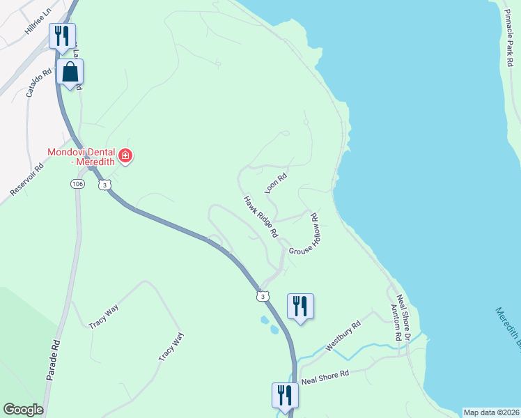 map of restaurants, bars, coffee shops, grocery stores, and more near 31 Hawk Ridge Road in Meredith