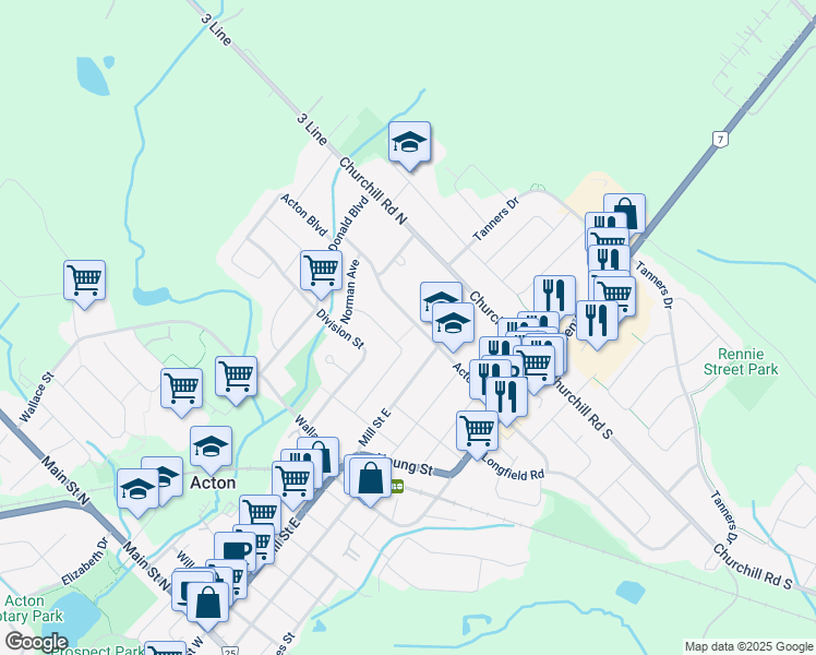 map of restaurants, bars, coffee shops, grocery stores, and more near 33 Rosemary Road in Acton