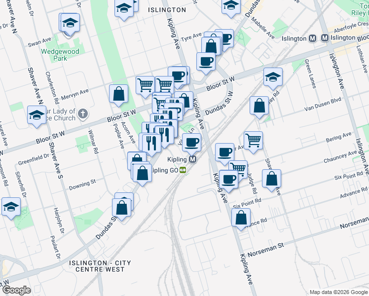 map of restaurants, bars, coffee shops, grocery stores, and more near 35 Viking Lane in Toronto