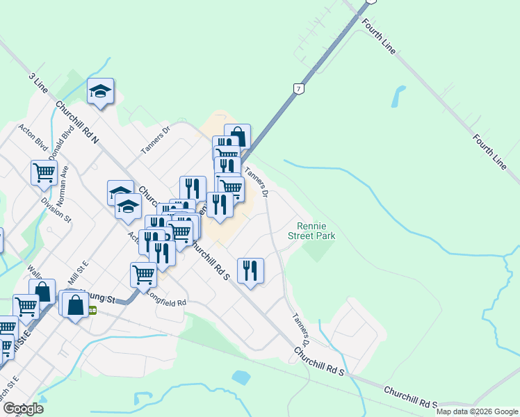 map of restaurants, bars, coffee shops, grocery stores, and more near 4 Beardmore Crescent in Acton