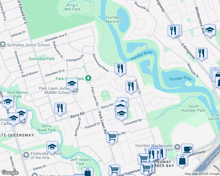 map of restaurants, bars, coffee shops, grocery stores, and more near 1 Crown Hill Place in Toronto
