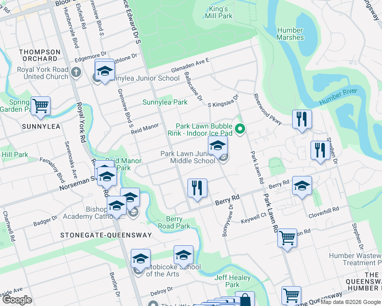 map of restaurants, bars, coffee shops, grocery stores, and more near 12 Bernice Avenue in Toronto