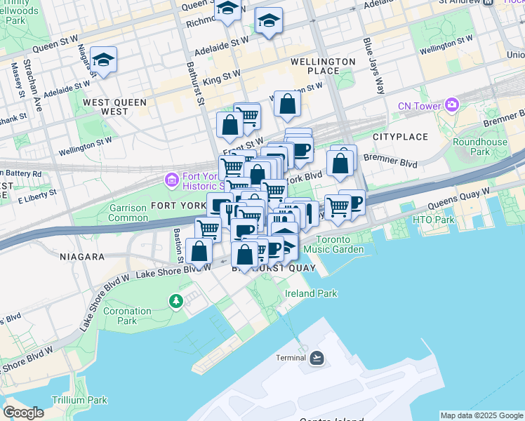 map of restaurants, bars, coffee shops, grocery stores, and more near 75 Queens Wharf Road in Toronto