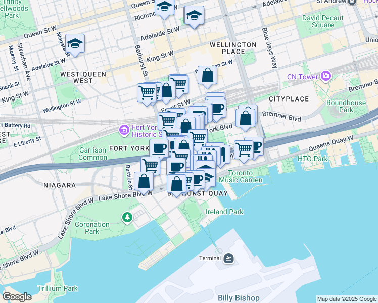 map of restaurants, bars, coffee shops, grocery stores, and more near 11 Housey Street in Toronto