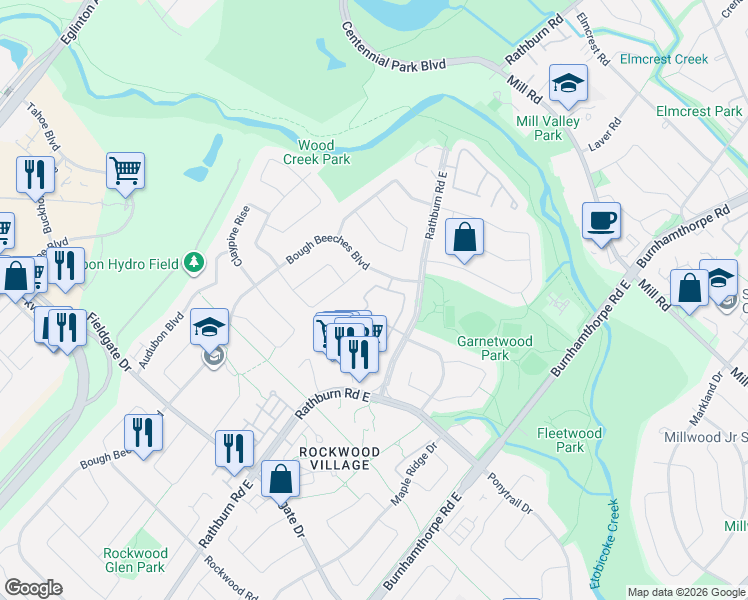 map of restaurants, bars, coffee shops, grocery stores, and more near 120 1951 Rathburn Road East in Mississauga