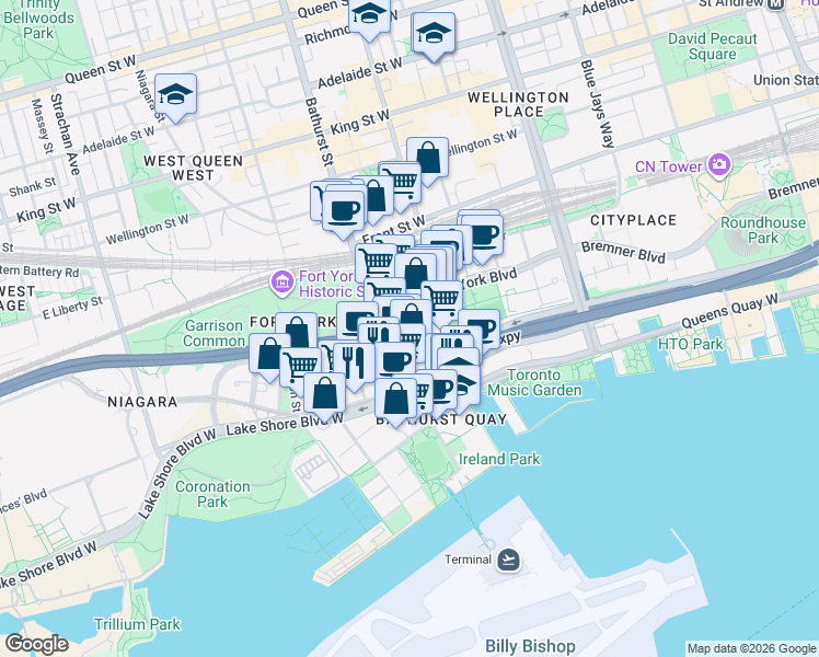 map of restaurants, bars, coffee shops, grocery stores, and more near 56 Queens Wharf Road in Toronto