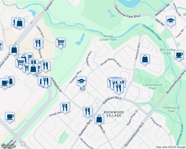 map of restaurants, bars, coffee shops, grocery stores, and more near 4303 Claypine Rise in Mississauga