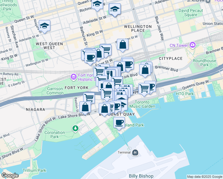 map of restaurants, bars, coffee shops, grocery stores, and more near 11 Housey Street in Toronto