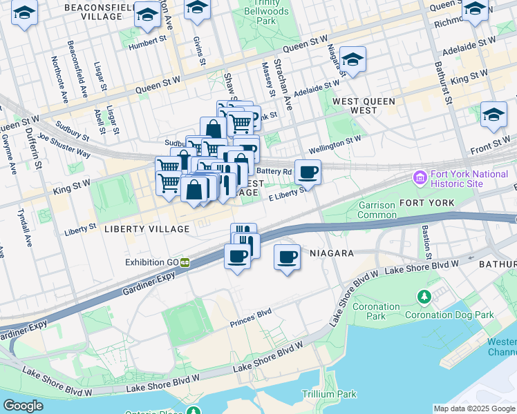 map of restaurants, bars, coffee shops, grocery stores, and more near 65 East Liberty Street in Toronto