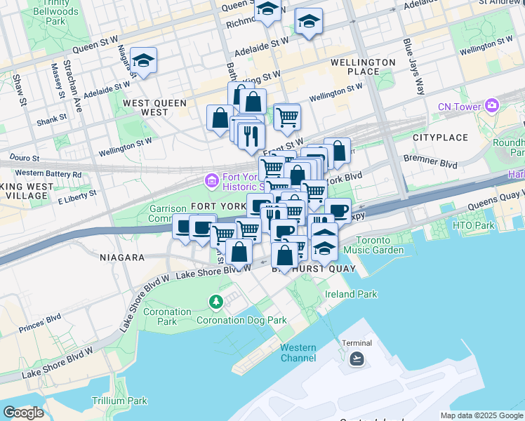 map of restaurants, bars, coffee shops, grocery stores, and more near in Toronto