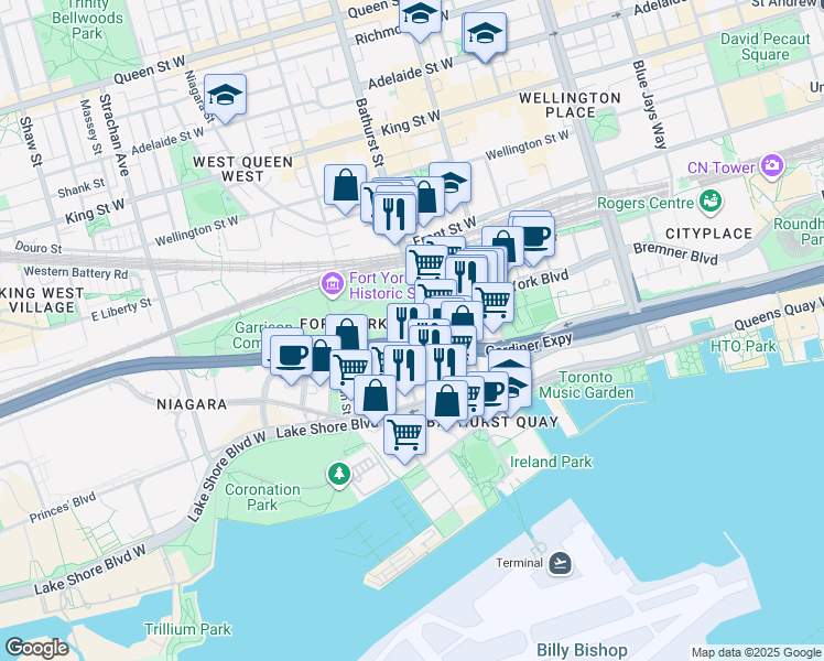 map of restaurants, bars, coffee shops, grocery stores, and more near 95 Iannuzzi Street in Toronto